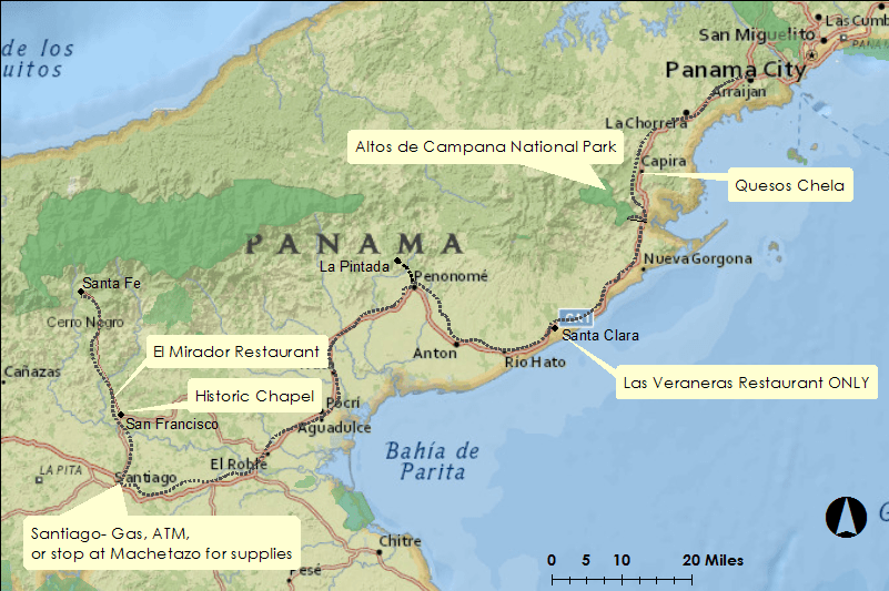 Showing locations to stop for a bite to eat or rest from Panama City to Santiago